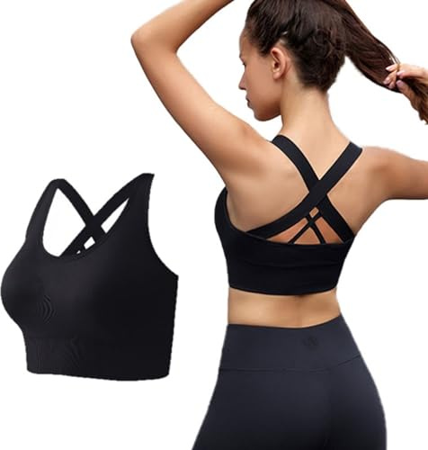 SSKHE Women's Workout Bra Mid Impact Wirefree Removable Padding High Impact Sports Bra Cross Back Yoga Bra for Gym (FR/ES, Alpha/Lettres, Taille Unique, Moyen, Taille Normale, Taille Normale, Black)