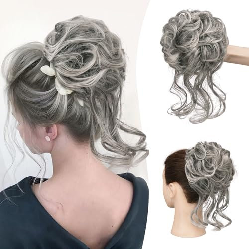 Sofeiyan Chignon Capelli Finti con Elastico, Ondulato Chignon Finto per Capelli Sintetica Coda di Cavallo Posticci per Capelli Spessi Updo per Donne, 50g Grigio e Punte Bianche
