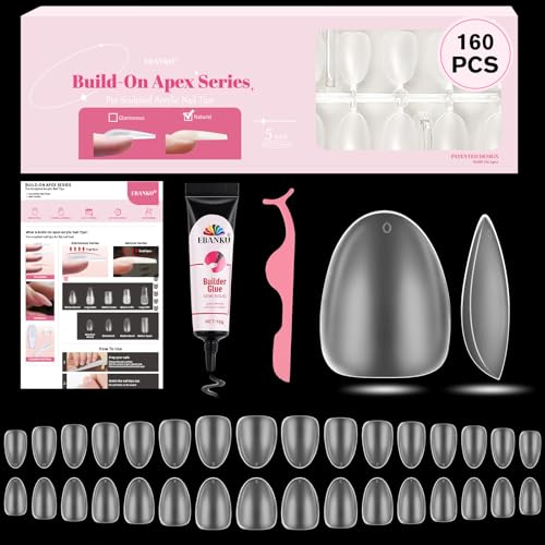 EBANKU 160Pcs Falsche Nägel Bulid auf Apex Nagelspitze, natürliche kurze Mandel-Nagelspitzen Pre-Form Volle Abdeckung Nagelspitzen Nagelverlängerung mit Bulider Kleber