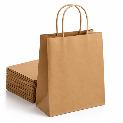 Sac Papier Kraft Brun avec Poignées Torsadées – Lot de 50 Sacs Kraft Alimentaires Épais 21 x 11 x 27 cm – Sacs Cabas Résistants à Fond Plat pour Boutique, Snack et Vente à Emporter