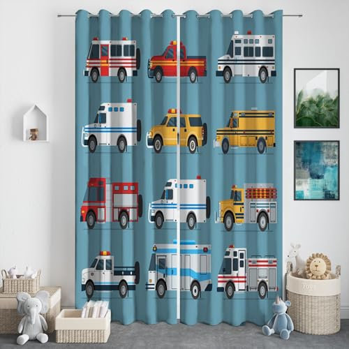 CozyRest Verdunkelungsvorhänge Cartoon-Auto 2 Stück Energiesparvorhänge Mit Ösen Vorhang Kälte- Und Wärmeisolierung H214 x B91.5 cm Feuerwehrbus Vorhang Büro Wohnzimmer