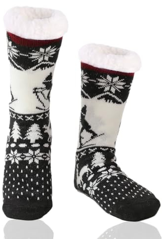 WOTENCE Chaussettes Chaussons Homme Hiver Chaudes Antidérapantes Chaussette Pantoufle Thermiques Polaire Grosse Chaussette Épaisse Antidérapante （Ski (Noir)）