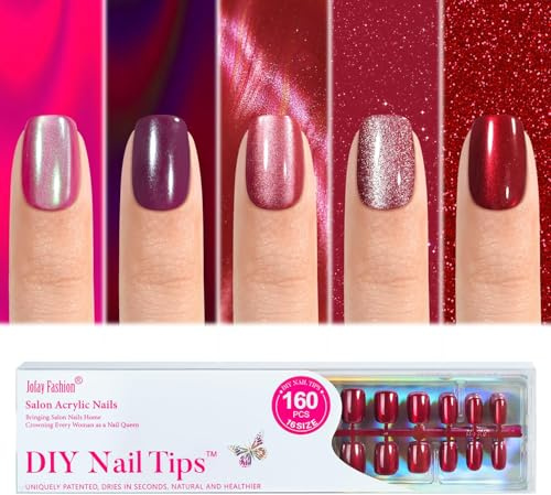 Cat Eye Press on Nails Red - 5 Styles Red Press on Nails Short Square, Soft Gel x Coat Nails False Nails, Bt Art Box Press On Nails in 16 Sizes -160 PCS Soft Gel Fake Nails Kit