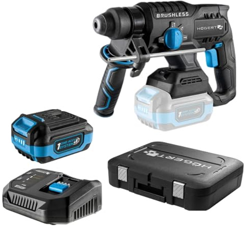 HÖGERT TECHNIK Bürstenloser Akku-Bohrhammer Set 18V, 2,0 J Schlagenergie, Meißelfunktion, 4,0 Ah Akku, 4A Ladegerät, Metallgetriebe, LED, Für Beton & Metall