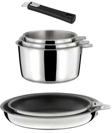 CuisINOX – Malice – Juego de 6 piezas, 3 sartenes, 2 sartenes con revestimiento cerámico, 1 mango negro – Base sándwich – Compatible con todo tipo de fuego, acero inoxidable 18/1 – Acabado brillante