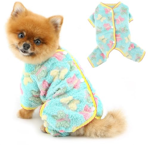 PAIDEFUL Warmer Fleece-Hunde-Jumpsuit, weich, warm, Thermo-Pyjama, niedliches Schmetterlingsmuster, 4-beinig, Haustierbekleidung, flauschige Hundebekleidung, Katzenpullover, Chihuahua, Kleidung auf