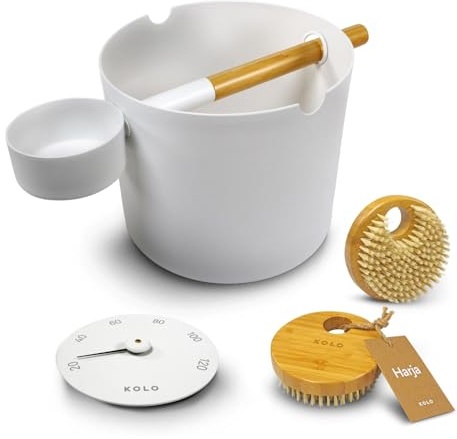KOLO Sauna Set Kiulu 1 - Kübel 5 l - Aufgusskelle 300 ml - Thermometer - Bürste - Weißes Aluminium - Bambusgriff - Langlebiges Komplett-Set für Aufgüsse und authentische finnische Saunakultur