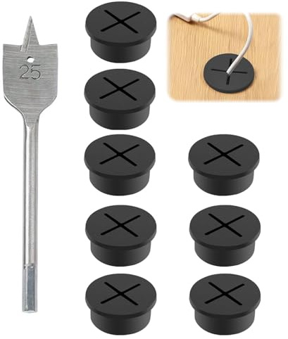 Yuqilin Flexible Silikon Kabeldurchführung, 8 Stücke 25mm Kabeldurchführung, Schreibtisch Kabeldurchführung Gummi, Dauerhaft Kabeltülle, mit 25 MM Bohrer, für Wohnaccessoires Arbeitsplatz (Schwarz)