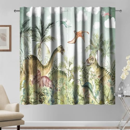 Kzzfqxb Rideaux 117x183cm Motif Dessin animé 2 Panneaux, Motif Dinosaures de l'ère Jurassique Arbres forêt Verte, décoration Fantaisie pour Chambre d'enfant, garçon ou Chambre d'enfant