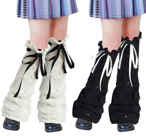 Junely 2 Paar Beinstulpen für Frauen Kawaii Beinwärmer Niedliche Beinwärmer Japanische Socken Halloween Goth Emo-Gyaru Zubehör, Schwarz / Weiß mit Schleifen, Einheitsgröße