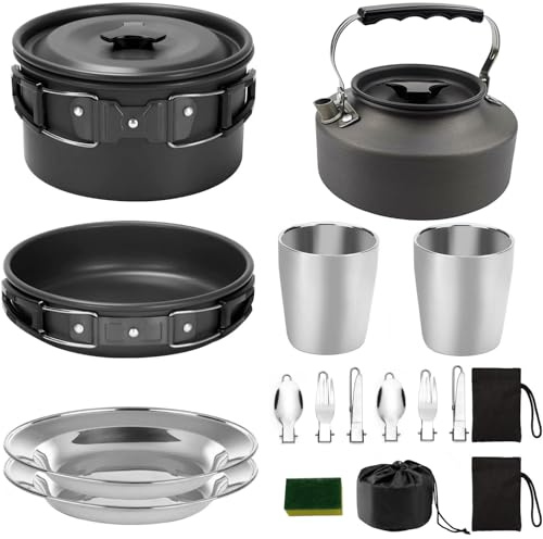 Fesatccoz Camping Cookware Mess Kit, Protable Aluminum Alloy Cooking Equipment Lightweight Camping Pots and Pans Set with Stainless Steel Cups Plates Forks Knives Spoons for 2-3 People
