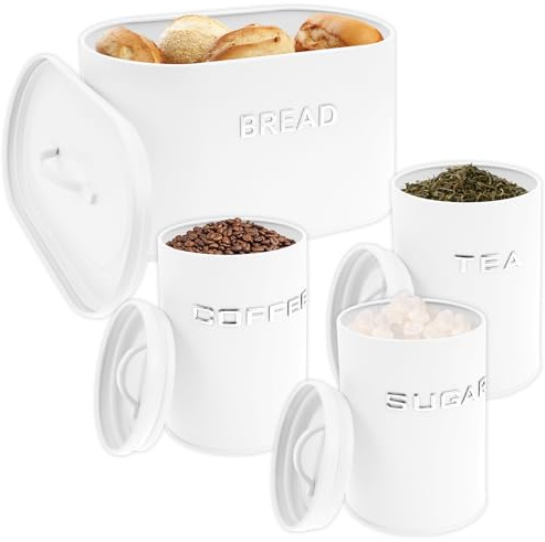 harupink Caja de almacenamiento familiar de 4 unidades, incluye panera, contenedor de azúcar, latas de té y café de hierro con tapa, grande, moderna, mate, resistente a los arañazos, duradera, fácil