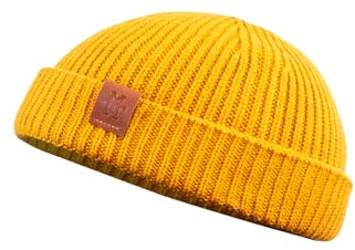 Manufaktur13 Fishermans Beanie - Mütze, Fischermütze, Dockermütze, Strickmütze mit Echt-Leder Veredelung (Mustard)
