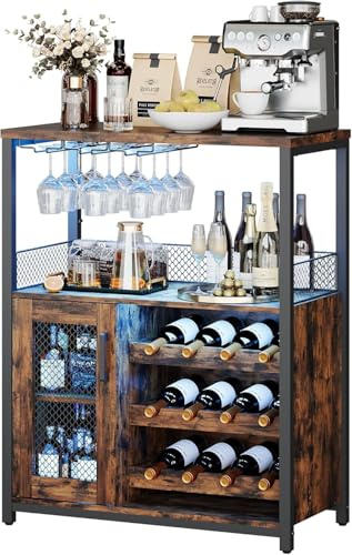 Garvee Weinschrank Weinregal Industrial mit Led Licht Barschrank mit Verstellbarem Weinregal und Glashalter Getränkeaufbewahrung Weinbarschrank für Küche Esszimmer Wohnzimmer 70x35x92 cm Retro