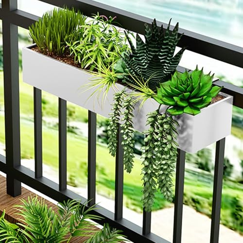 Labasuan Macetero metálico con barandilla, Jardinera Blanca para balcón, Jardinera para terraza con Gancho, macetero Rectangular de Hierro, para barandilla de balcón(150cm/59in)