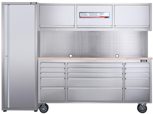 Excel 72inch 15 Drawer Stainless Steel Workbench Roller Tool Chest Cabinet with 3 Overhead Cabinets & Tall Cabinet