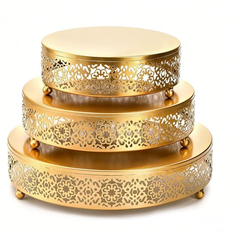 Yeqqzq 3 Pack Metal Cake Stand Set, 8/10/12 Inch Round Cake Stands, Cupcake Pastry Display, Elegant Dessert Display Stand for Weddings, Parties and Events (Gold)