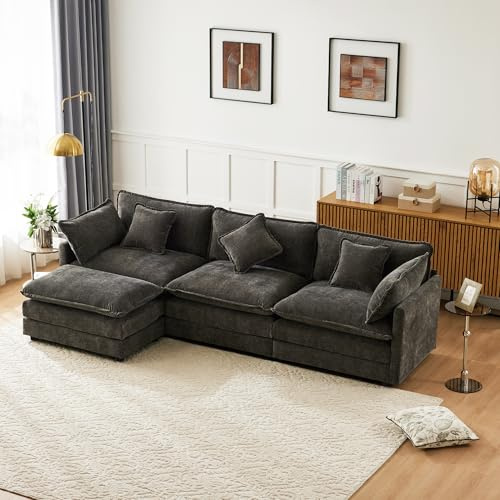 Aunvla Modern design, stoppade möbler, chenille-tyg, tresitsig soffa, stoppad soffa, hörnsoffa med fotstöd, L-formad hörnsoffa, lämplig för vardagsrum och sovrum. Video tillgänglig