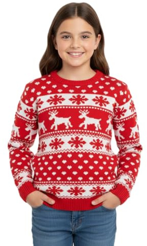 FASHION I LOVE New Unisex Ladies Men Kids Christmas Jumper Reindeer Snowflakes Knitted Xmas Long Sweater Top Reindeer Snowflake Print Jumper for Women UK Novelty Pullover Sweater Girls Christmas Tops