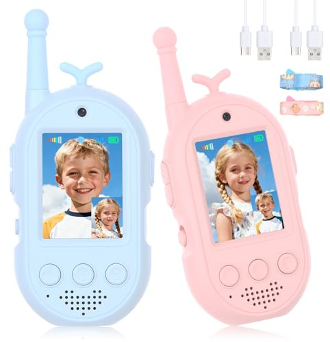 Video Walkie Talkies for Kids, 2 Pack Kids Walkie Talkies Rechargeable, Voice Changer & Sticker Effect,Long Range Toys for Family Games, Outdoor Camping, Gifts for Boys and Girls Ages 3-12