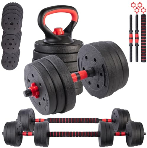 PEARL Sports Hantelset: 3in1-Kurz- und Langhantel-Set mit Kettlebells, 20 kg, Sternverschlüsse (Gewichte, Fitness-Zubehör, Gusseisen)
