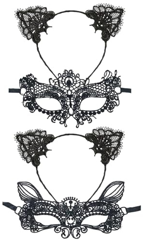 HTTDSLF Venezianische Maske Damen, Katzenohren Haarreif und Katzenmaske, Spitze Maske, Schwarz Sexy Lace Augenmaske für Frauen, für Halloween Karneval Abendkleid Tanz Ball Party Kostümpartys