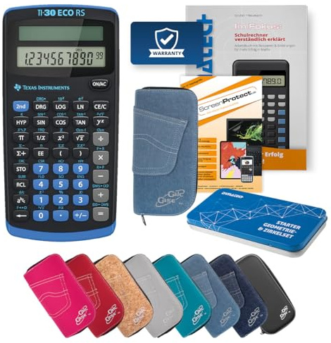 TI-30 ECO RS Rechner mit Schutzfolie, Fachbuch, Zirkel Set & Tasche (Hellblau)