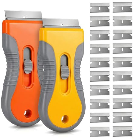 Razor Blade Scraper Tool 2 Pack with 20 Extra Blades - Retractable Glass Scraper with Safety Lock and Non-Slip Grip for Removing Stickers Labels Paint Caulk from Windows Cooktop Glass Floors Surfaces