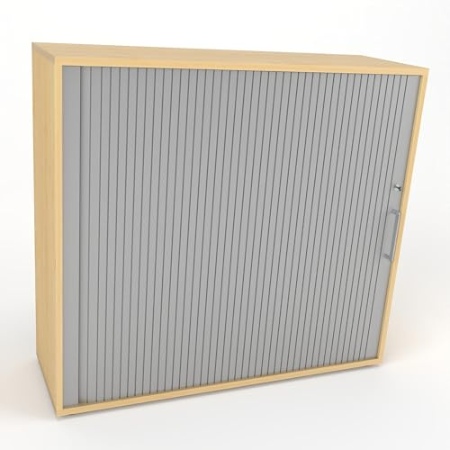 Rheinland Möbel Querrollladenschrank Rollino 120×40×110 cm – abschließbarer Rollladenschrank 3OH in Ahorn/Silber mit Metall-Bügelgriff