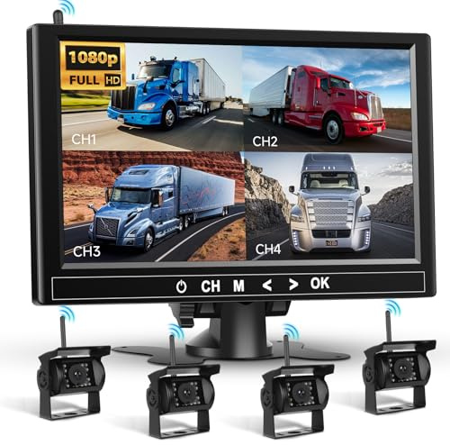 Kit di 4 telecamere posteriori 1080P HD senza fili, Podofo monitor LCD da 9 pollici con 4 telecamere di backup per rimorchio RV Camper Camion Auto Bus, rilevamento punti ciechi, linee guida, 12V-36V