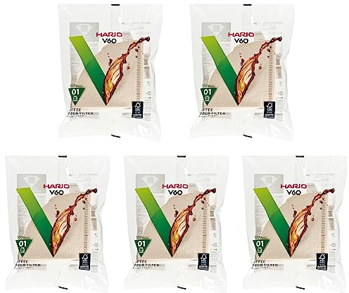 Hario V60 Papierfilter, ungebleicht, natürliche Farbe, Größe 01 (bis zu 2 Tassen), 100 Stück, 5er-Pack (insgesamt 500 Blatt), hergestellt in Japan