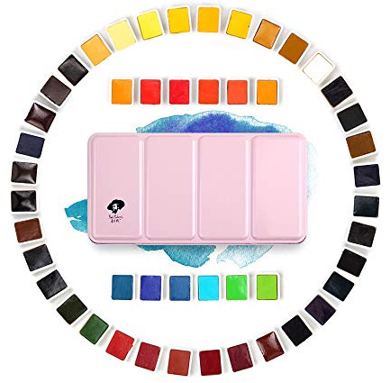 Paul Rubens Pintura de Acuarela Set, Grado de Artista Tortas Sólidas Set de Bolsillo de Viaje - Portátil con Caja de Metal Rosa - 48 Colores