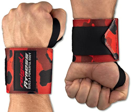 Raigeki Fitness handledsbandage [uppsättning av 2] Extra starkt grepp (+ träningsplaner) handledsbandage för styrketräning – handledsomslag för kvinnor och män