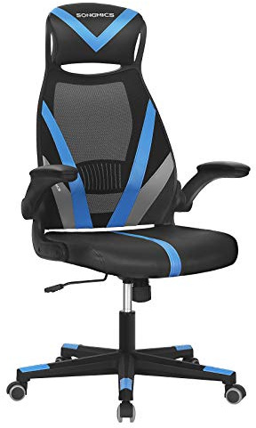 SONGMICS Bürostuhl, Stuhl mit Netzbespannung, höhenverstellbar, mit Kopfstütze und Armlehne, um 360° drehbar, mit Wippfunktion, bis 130 kg belastbar, ergonomisch, schwarz-blau-dunkelgrau OBN086B01