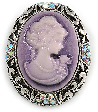 Spilla vintage con cammeo color argento invecchiato, con cristalli AB lilla – 40 mm di altezza, Misura unica, Plastica, Diamante