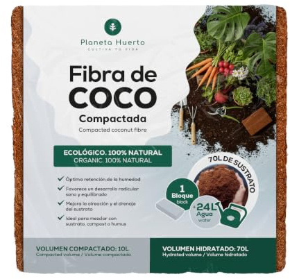 Planeta HUERTO | Sustrato de Fibra de Coco Compactada 70l,100% Natural y Orgánico, Alta Retención de Agua y Aireación para Macetas, Huertos y Germinación - Fibra de Coco Ideal para Cultivo Ecológico