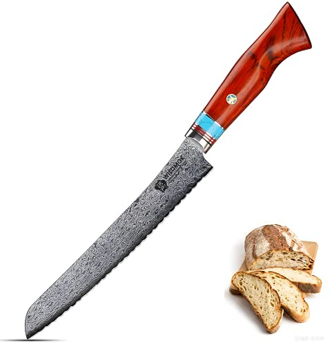 WILDMOK Cuchillo de Pan Dentado Profesional de 20,7 cm - Cuchillo de Cocina de Damasco Hecho a Mano, Cuchillo de Cocina de 67 Capas de Acero Inoxidable-Damasco, Cuchillos de Despellejar Acero Damasco