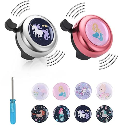 Flintronic Fahrradklingel, 2 Stück Kinder Fahrradglocke, Fahrrad Klingel Colour Coole Bell mit 8 austauschbaren Aufklebern für Jugend Kinderrad Glocke Unisex - Rosa & Silber