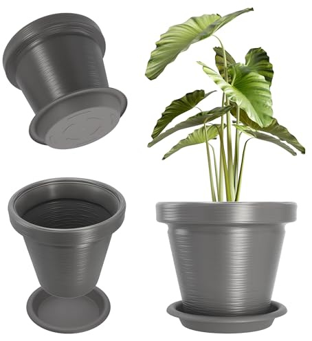 KADAX Blomkruka i plast, 4 färger, blomlådor med underlägg, växtkrukor, graverade mönster vegetabilisk gryta, plast blomkruka, rund blomkruka (55 cm, antracit)