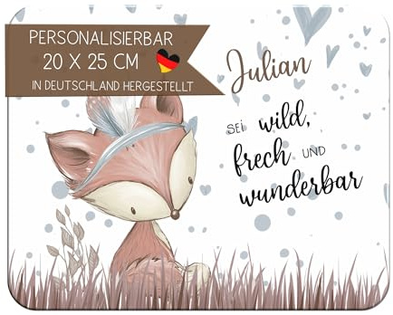 CreaDesign Personalisiertes Kinder Frühstücksbrett mit Namen, 20x25 cm, rutschfestes Schneidebrett aus Kunststoff, Fuchs Leon Design, spülmaschinen & mikrowellengeeignet, Schneidbrett für Kinder