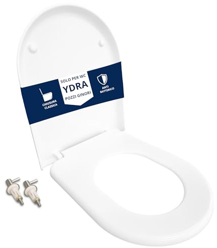 HYDRO HOME Copriwater compatibile con Pozzi Ginori Ydra, Tavoletta WC termoindurente antibatterica, Sedile WC con cerniere fissaggio dall’alto, Chiusura classica, Montaggio rapido, Bianco