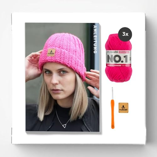 myboshi Häkelset Wintermütze Kanuma, inkl. No.1 Wolle, Nadel und Anleitung, Häkelpaket für Anfänger, 30% Merinowolle Neonpink, mit Häkelnadel