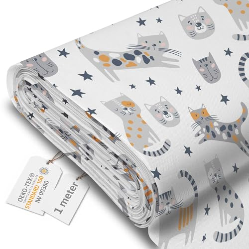 DreamRoots Markisenstoff Meterware, Cartoon Funny Cats, 1 m | Oxford Segeltuch wasserdicht, Polsterstoff, 220 g/m² 600D, 160 cm breit, Kinderstoff, für Deko & Nähen