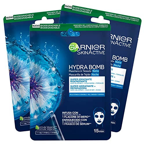 Garnier Skinective Hydra Bomb Mask Night In Super Moisturizing Fabric Vegane Formel mit Fiordaliso und Hyaluronsäure mit regenerierender Wirkung für müde und empfindliche Haut - 3 Einwegmasken