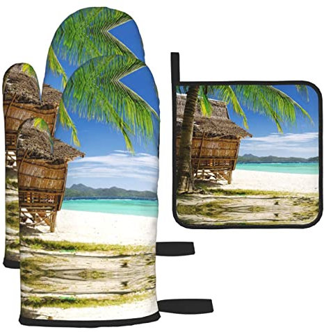 Oven Mitts and Pot Holders Sets of 3 Bamboo Hut On A Tropical Beach Printed Kitchen Heat Resistant Baking BBQ Cooking Gloves
