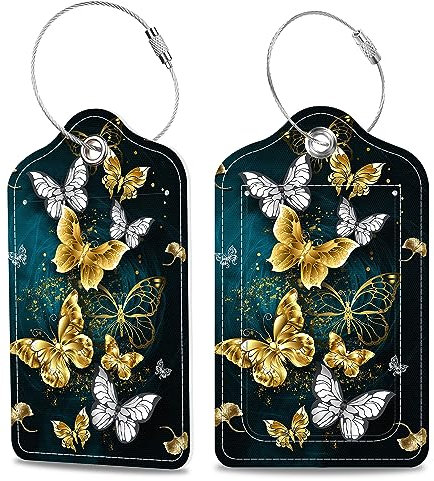 2 Stück Gepäckanhänger Golden und Weiß Schmetterling Leder Kofferanhänger mit Sichtschutz Edelstahlschlaufe und Adresskarte für Damen Herren Reise