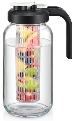 AOZITA Mason Jar Fruit Infuser Water Pitcher, Glass Pitcher with Filter Lid, Wide Mouth Jar Leak-proof Water Pitcher, Heavy Duty Glass Jar - 2 Quart