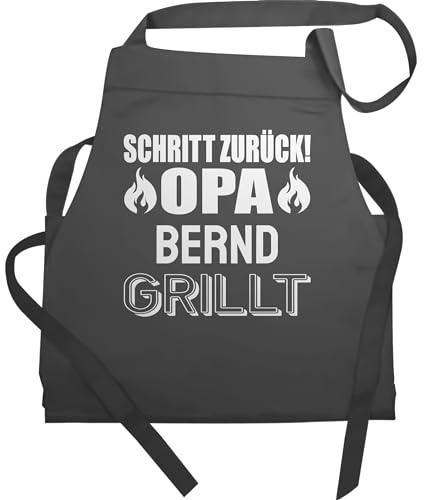Geschenk mit Namen personalisiert by Shirtracer - Schürze - Grillschürze Herren Männer - Opa grillt mit Namen Schritt zurück Opi Geschenk