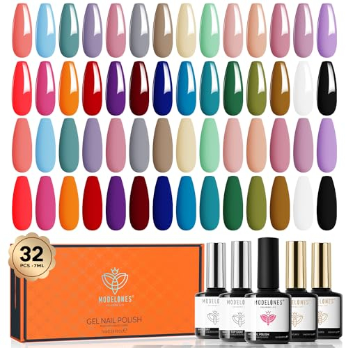 Modelones Semi-permanenter Nagellack, 32 Stück, 28 Farben, Orange, Braun, Rot, Violett, semi-permanenter Gel-Nagellack, mit NagelPrimer, Basis und 2 glänzenden & matten Decklacken, UV-Gel für Frühling