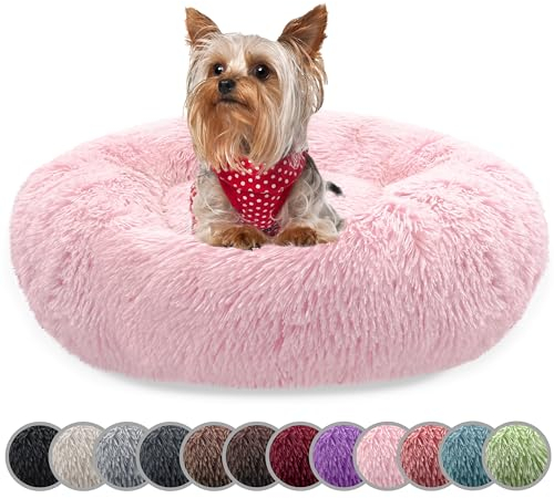 bluzelle Hundebett für kleine Hunde & Katzen, 50cm Hundekissen Rund Donut Kissen Hundekorb Plüsch, Katzenbett Flauschig Katzenkissen Waschbar rutschfest Weich, Farbe:Hell-Rosa